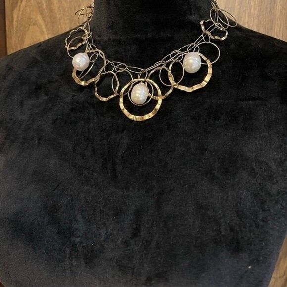 Gold Tone Costume Necklace Pearl Like Circle Links Layers of Circles - Picture 2 of 9
